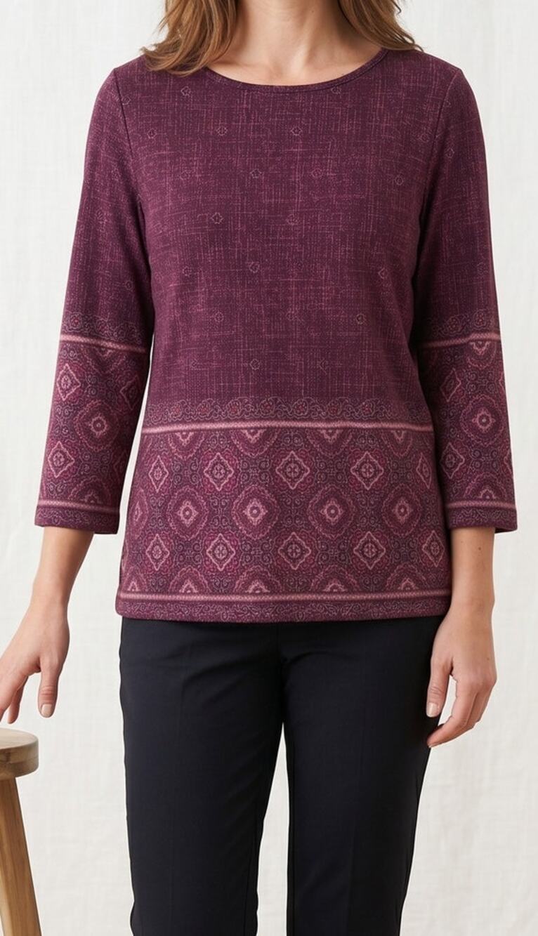 Liz Claiborne Liz & Co. Large Polyester 3/4 Sleeve Purple Pattern Blouse Shirt